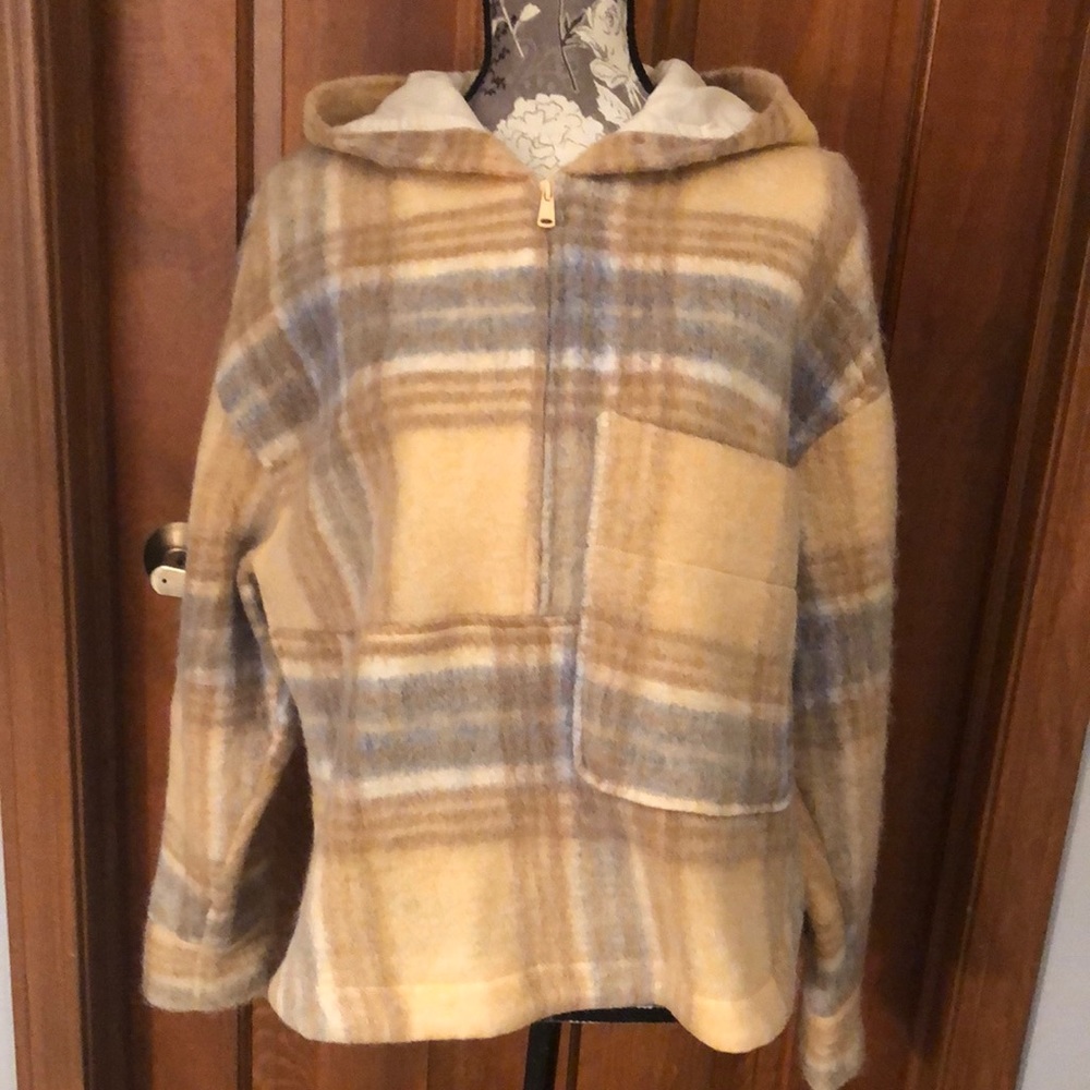 NWT wool-blend, half-zip, boxy hoodie plaid pullover with chest pocket from Zara